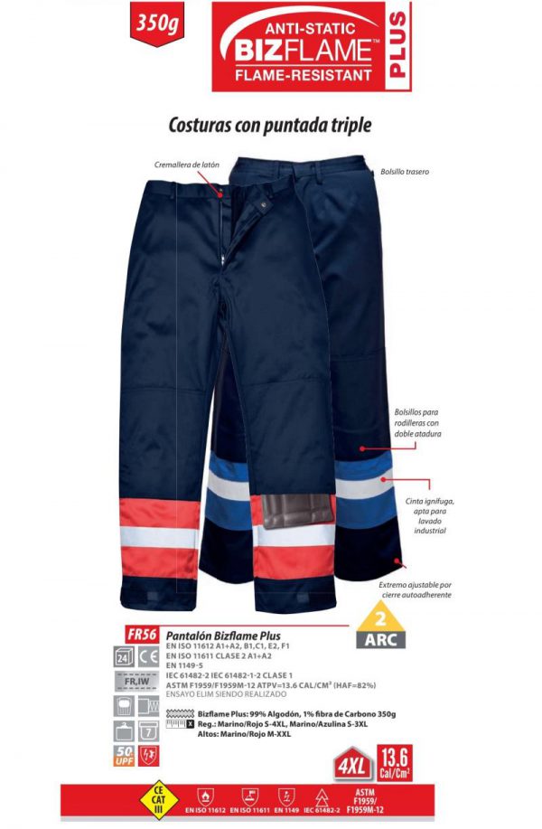 Pantalón Portwest BizFlame®Plus ignífugo-antiestático arco eléctrico.FR56