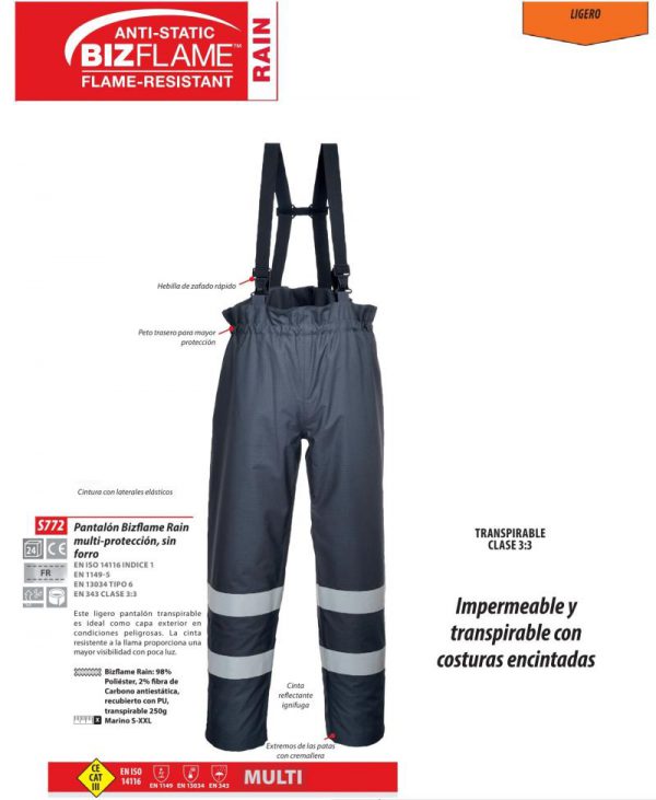 Pantalón Portwest Bizflame Rain® ignífugo-antiestático.S772